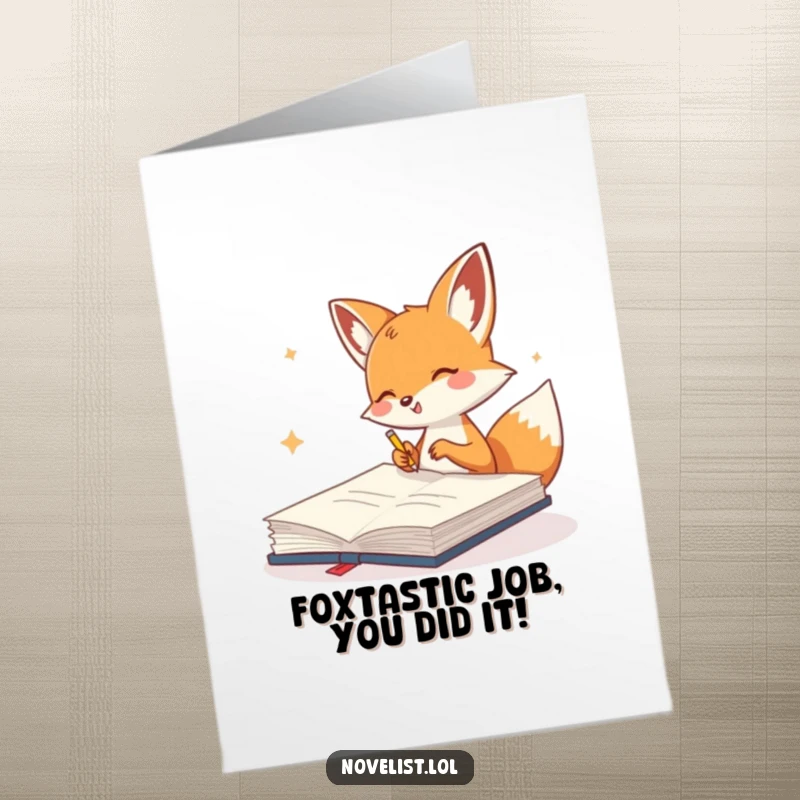 Funny Free Printable Congrats Card: A cute fox gleefully scribbles in a giant notebook, celebrating your fantastic accomplishment!