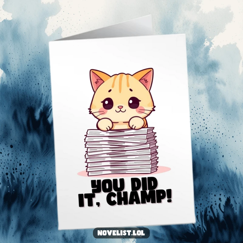Free Printable Congratulations Card: Pudgy cat wide-eyed at a mountain of papers, ideal for a humorous congratulations.