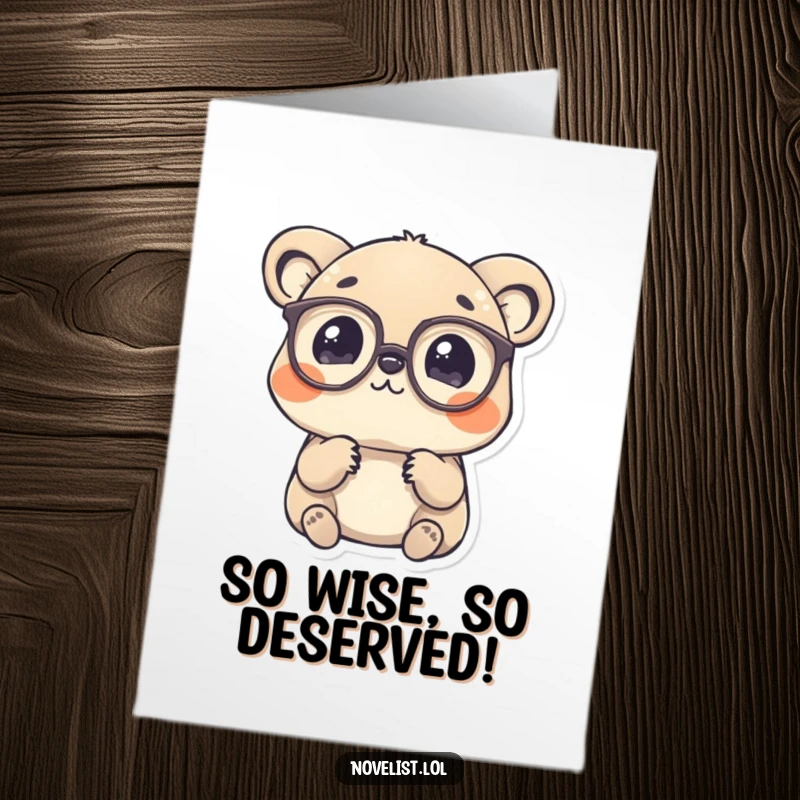 Funny Free Printable Congrats Card: A charming animal with spectacles contemplates a single word, signifying thoughtful congratulations, downloadable intelligence.