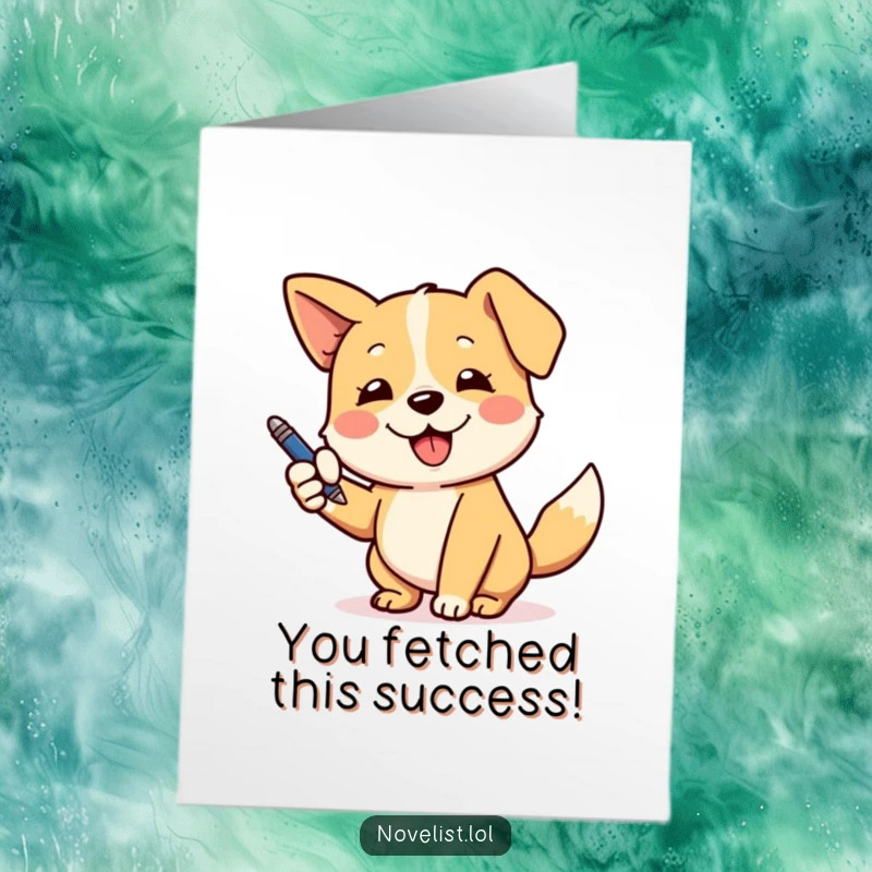 Free Printable Congratulations Card with a dog enthusiastically gesturing with a pen, tail wagging, celebrating a success.