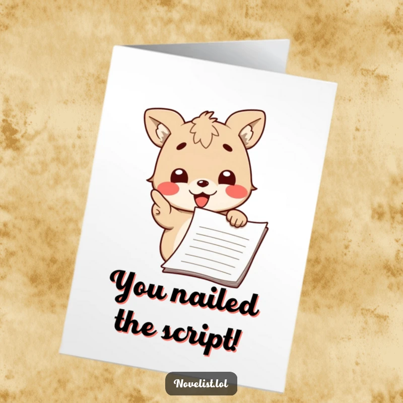 Funny Free Printable Congratulatory Card: An enthusiastic animal joyfully points at a manuscript, celebrating a publishing success.
