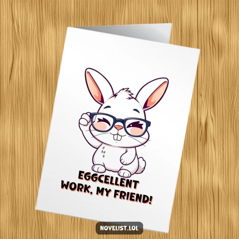Free Printable Congratulations Card showing a winking rabbit adjusting reading glasses with a wide, knowing grin after a success.