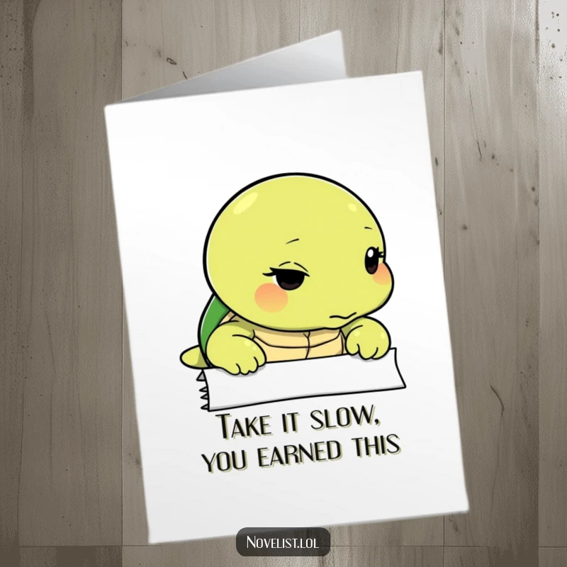 Funny Free Printable Congratulations Card: Thoughtful turtle looks at a blank page, ready for the next chapter after success.