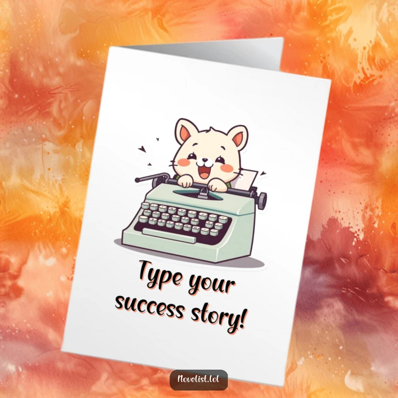 Funny Free Printable Congratulations Card: Excited animal typing on a vintage typewriter, keys flying, celebrating success.