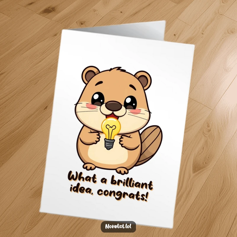 Funny Free Printable Congratulations Card: Excited beaver presents a bright lightbulb idea, celebrating your fantastic accomplishment.