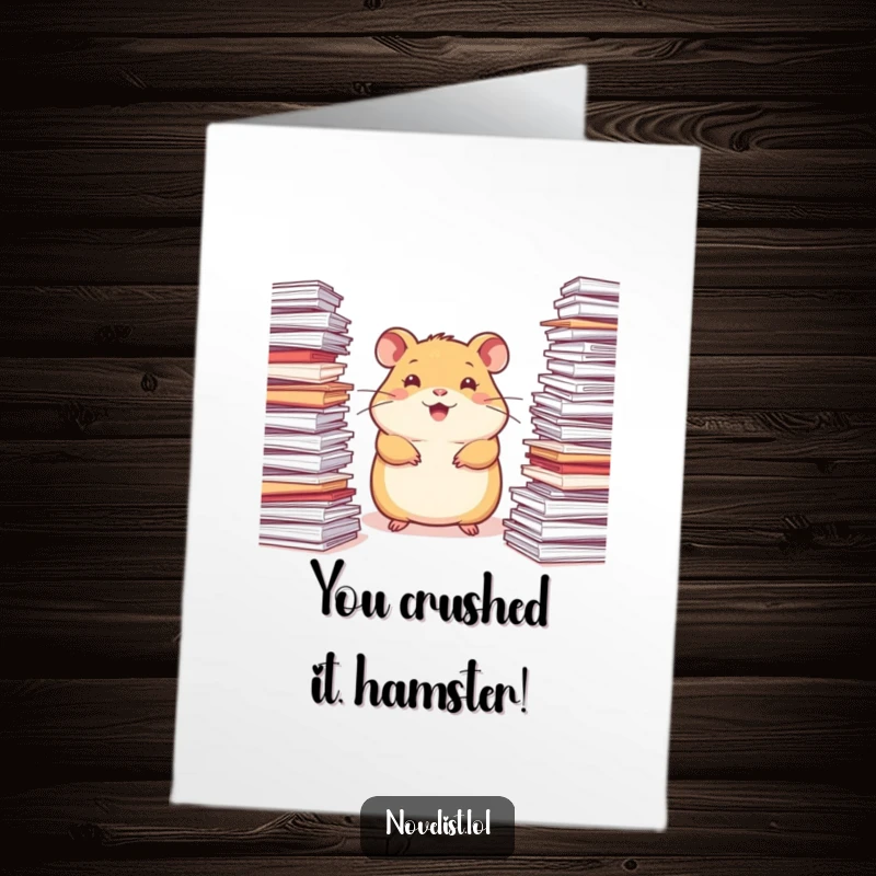 Funny Free Printable Congratulations Card: A happy hamster surrounded by piles of paper, looking inspired by its great ideas.