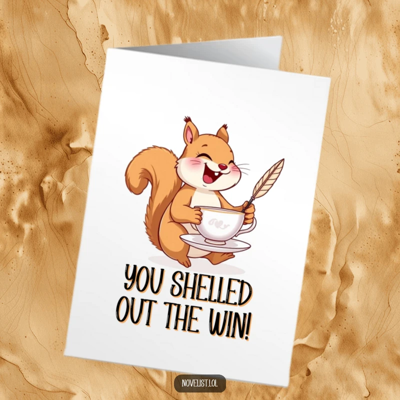 Free Printable Congratulations Card with a laughing squirrel skillfully balancing a teacup and a quill pen, celebrating an achievement.