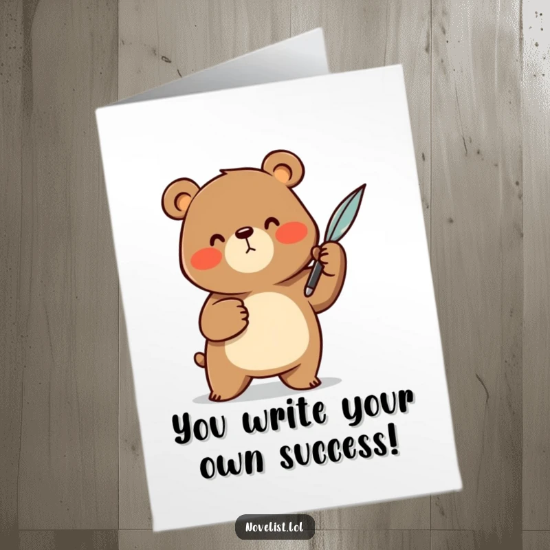 Funny Free Printable Congrats Card: Cheerful bear character gesturing grandly with a quill pen to announce success.