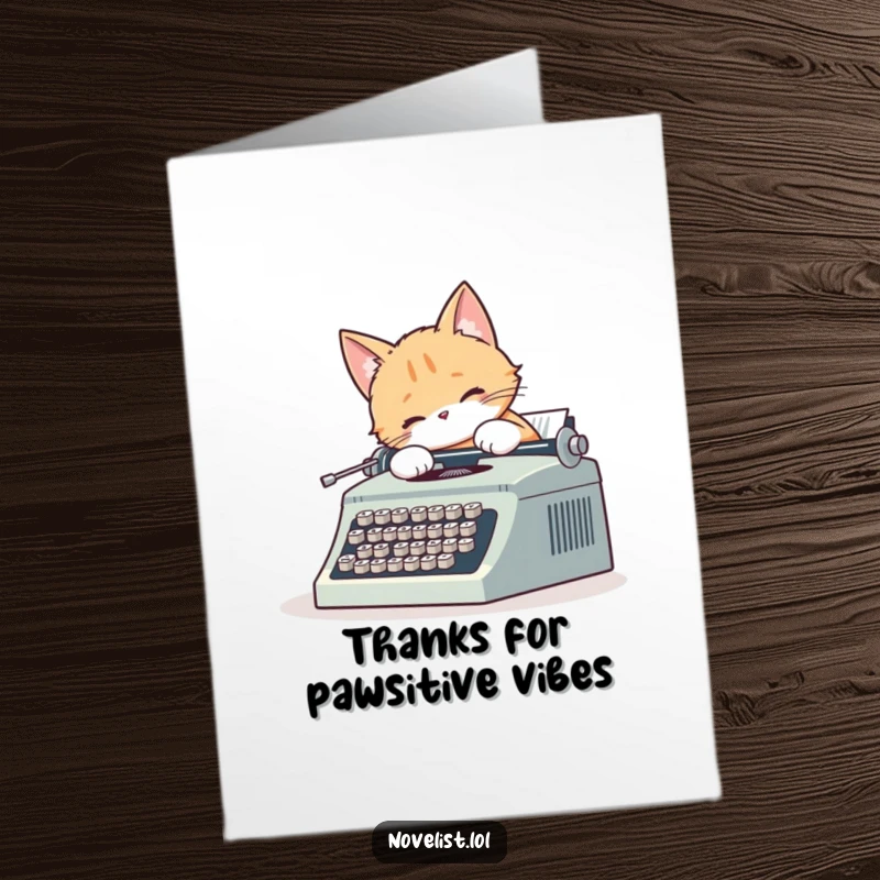 Funny free printable thank you card: A cute cat types diligently on a vintage typewriter, tail wagging, sending a message of sincere thanks.
