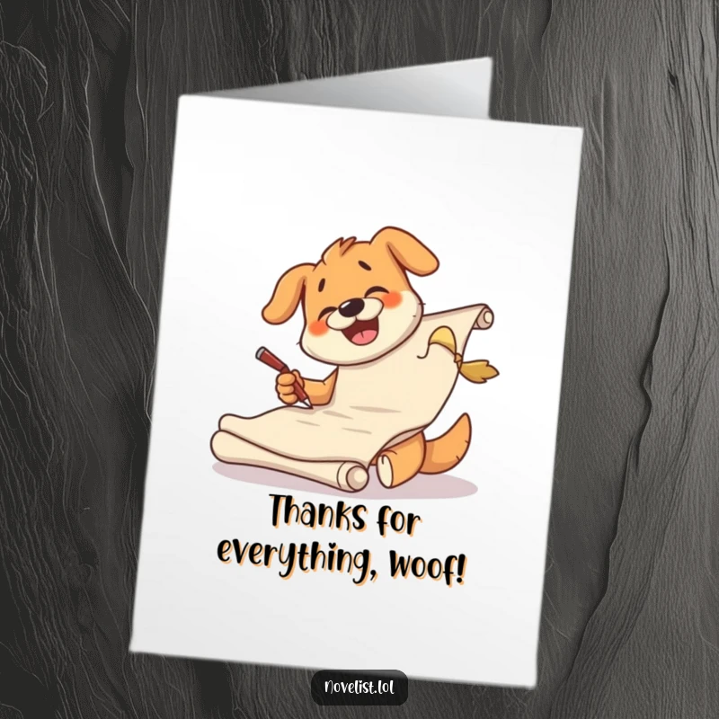 Funny free printable thank you card with a giggling dog busy scribbling a thank you message on a large scroll.