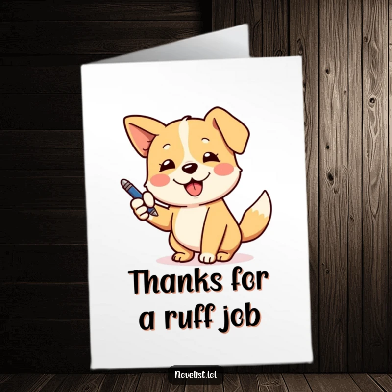 Funny Free Printable Thank You Card showcasing a dog proudly wagging its tail while making a grand gesture with a writing pen.
