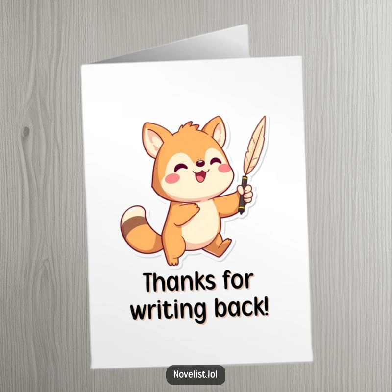 Funny Free Printable Thank You Card: A playful character holds a quill pen high, dramatically offering sincere thanks.