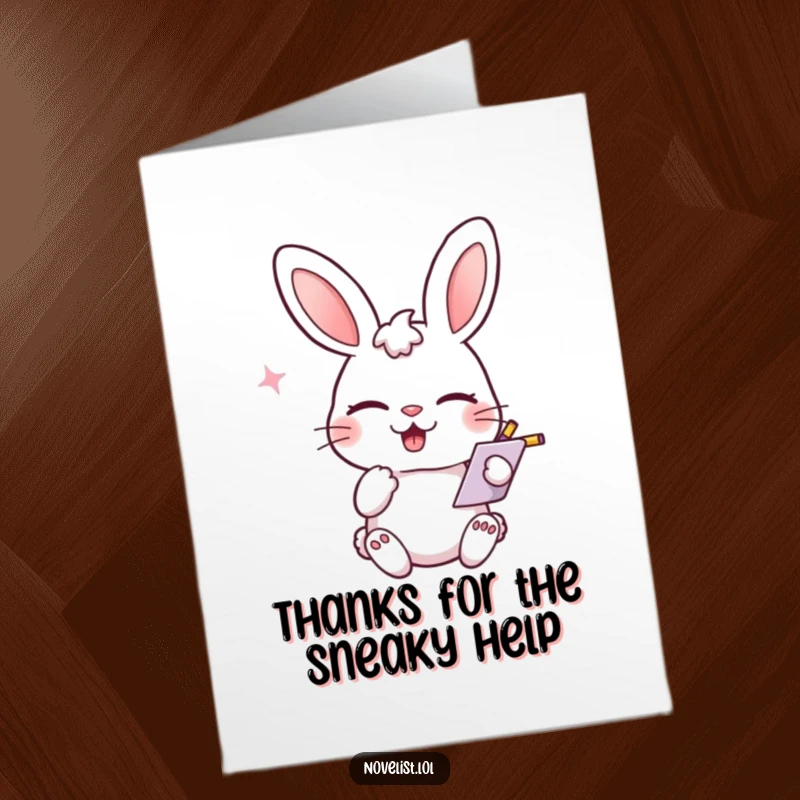 Funny free printable thank you card featuring a playful rabbit winking and scribbling notes, expressing thanks with a smirk.