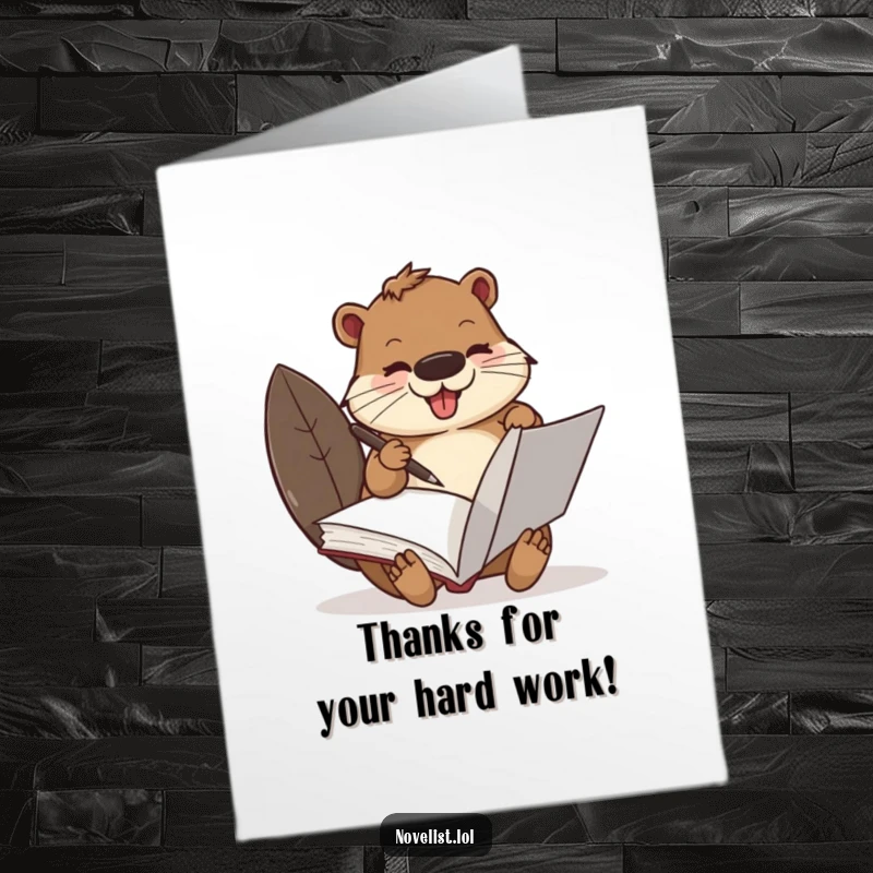 Funny Free Printable Thank You Card: A beaver with a quill pen, joyfully scribbling in a large book.