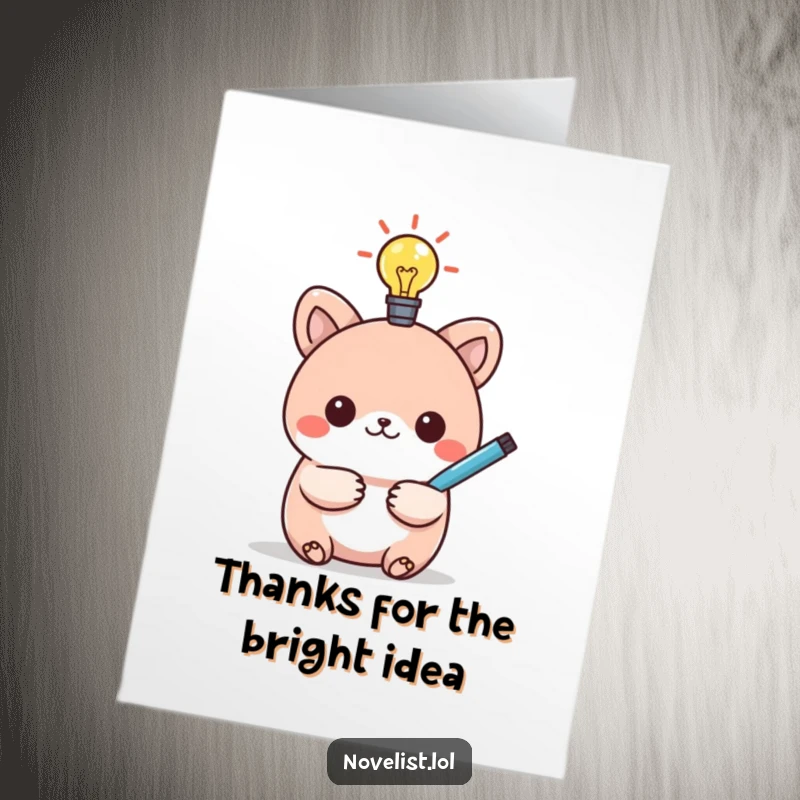 Funny Free Printable Thank You Card: Kawaii animal with a lightbulb above its head, holding a pen, offering thanks.