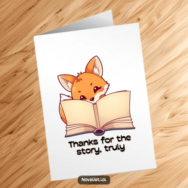 Funny Free Printable Thank You Card: Curious fox peeks from behind a book, offering a thankful glimpse.
