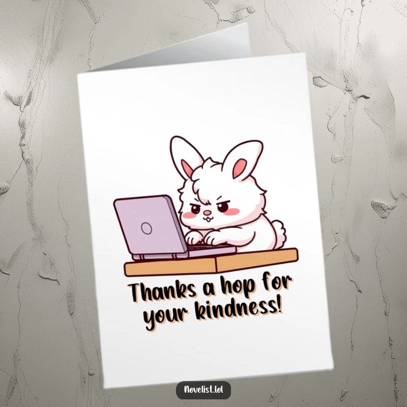 Funny Free Printable Thank You Card: A determined fluffy bunny types furiously on a laptop, sending thanks with focus.