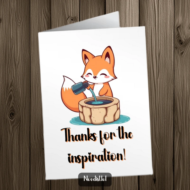 Funny Free Printable Thank You Card: Happy fox character pouring ink into a well, expressing thanks.