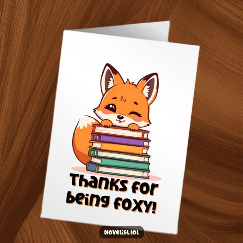 Funny Free Printable Thank You Card: A giggling fox peeking out from behind a stack of books.