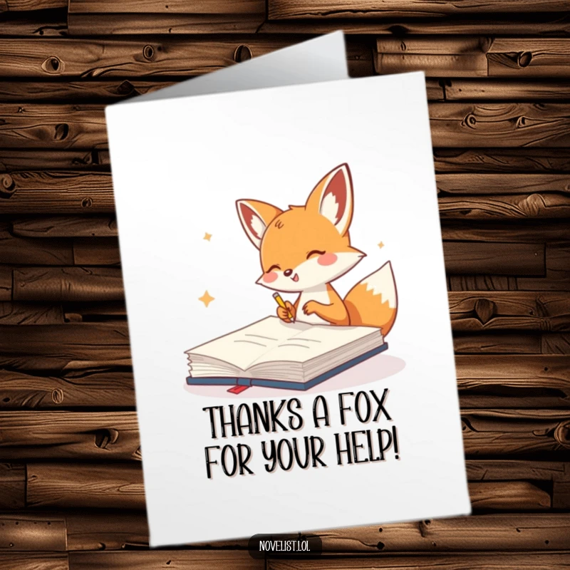 Funny Free Printable Thank You Card: A cute fox gleefully scribbles in a giant notebook, expressing thanks creatively.