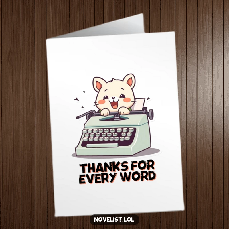 Funny Free Printable Thank You Card: Cute animal excitedly typing on vintage typewriter, keys flying, expressing thanks.