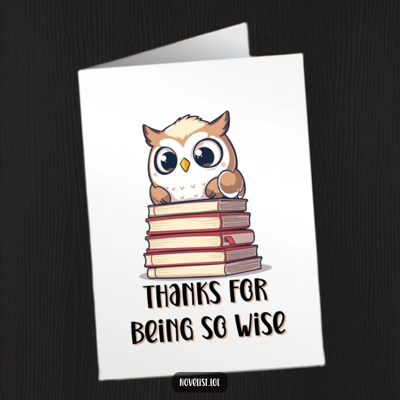 Funny Free Printable Thank You Card with a startled owl peeking out from behind a stack of scholarly manuscripts, adding humor.