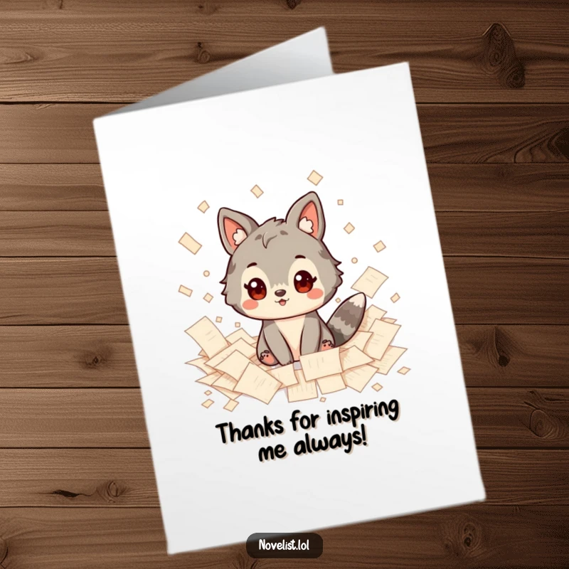 Funny Free Printable Thank You Card: An animal character looks inspired amidst a creative mess of scattered papers.