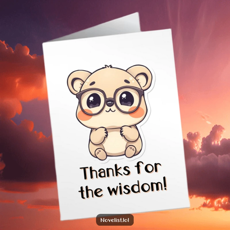 Funny Free Printable Thank You Card: A charming animal wearing spectacles contemplates a single word, offering a thoughtful, downloadable thank you.