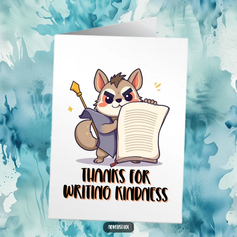 Funny Free Printable Thank You Card: Determined animal character triumphantly wrestling a giant manuscript, expressing thanks for help and support.