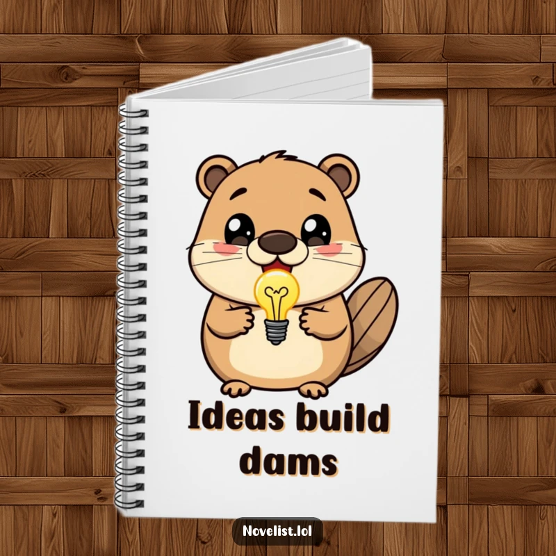 Funny notebook cover featuring a delighted beaver with wide eyes, holding a bright lightbulb, perfect for capturing innovative thoughts.