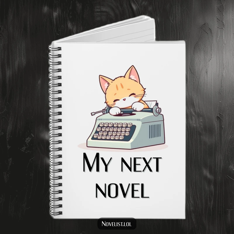 Funny notebook cover with a cute cat typing on a vintage typewriter, tail wagging, inspiring creative writing.