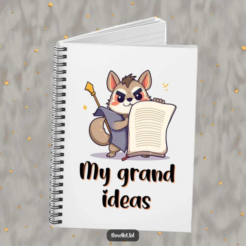 Funny determined animal wrestling a giant manuscript on the cover of a lined notebook.