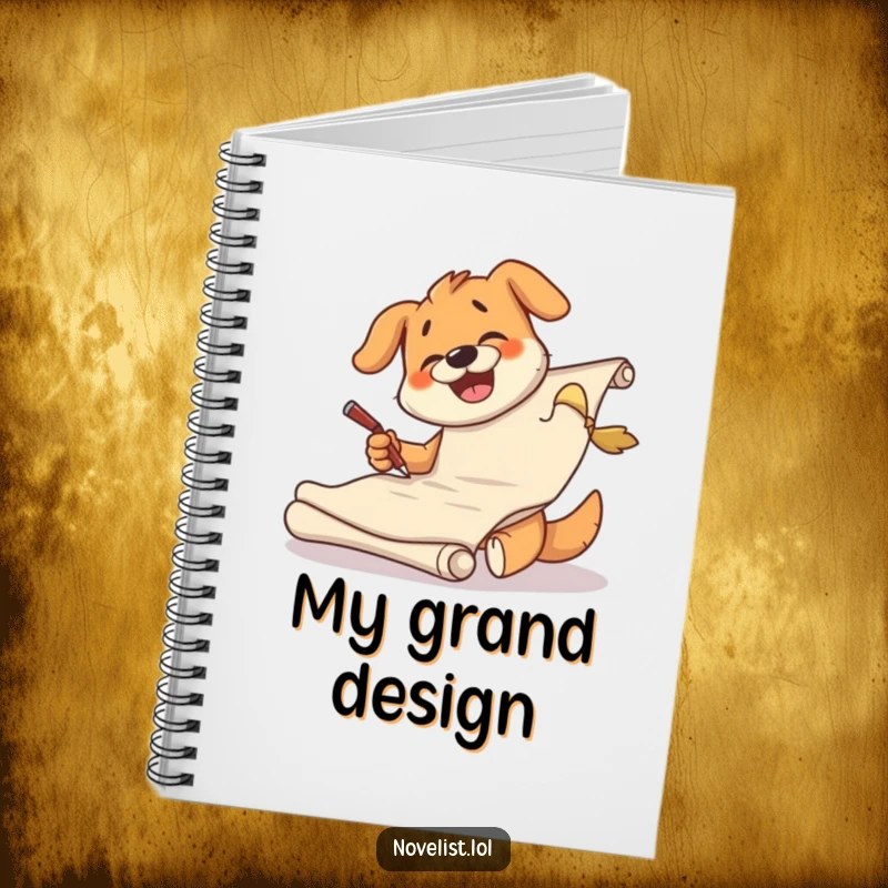 Funny dog notebook with a giggling character furiously scribbling on a large scroll, ideal for jotting down ideas.