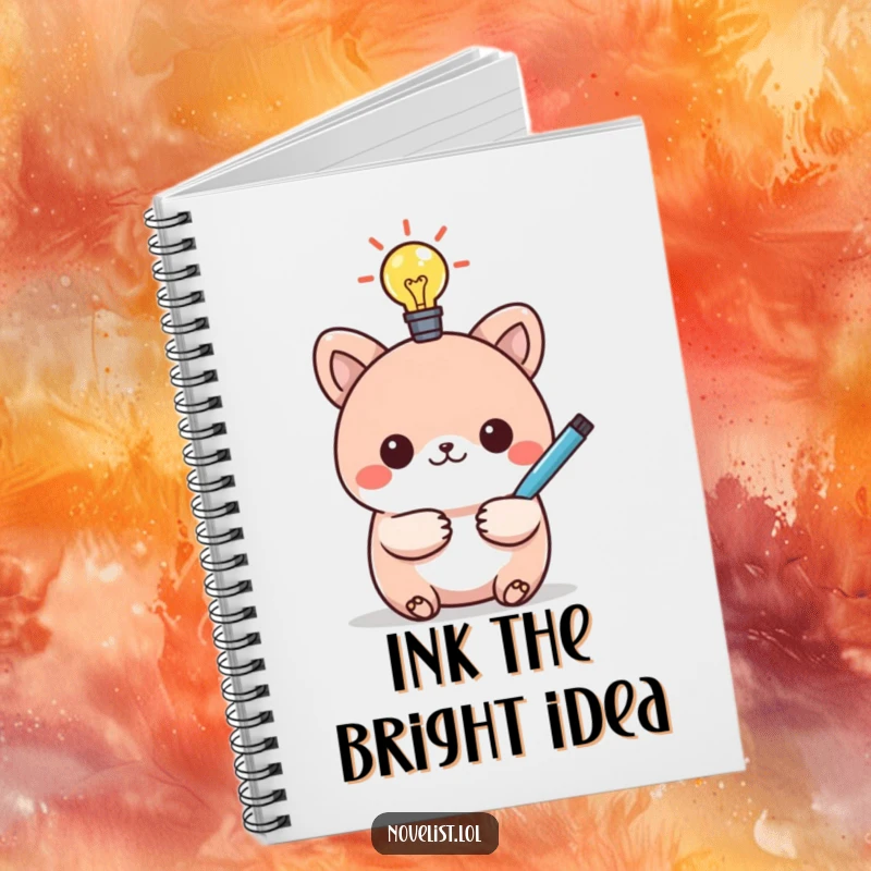 Funny notebook featuring a kawaii animal character, lightbulb, and pen, designed for jotting down humorous and brilliant ideas.