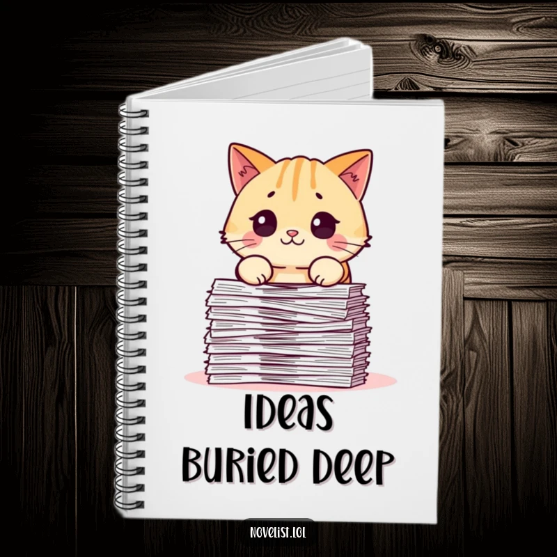 Funny notebook with a surprised, chubby cat character facing a large stack of papers, ideal for notes, journaling, or sketching.