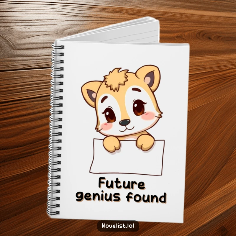 Funny notebook with an animal character staring at a blank page, encouraging ideas, perfect for journaling and a funny gift.