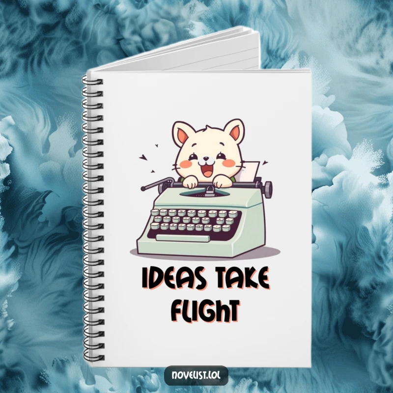 Funny notebook featuring a cute animal character typing on a vintage typewriter, keys flying, inspiring humorous writing sessions.