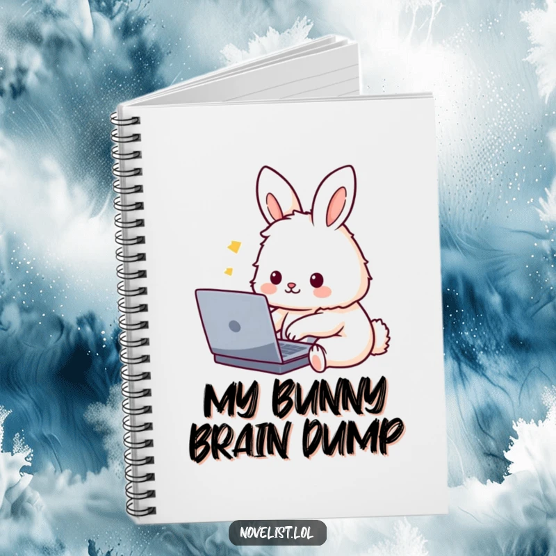 Funny Notebook: A cute, fluffy rabbit character enthusiastically typing on a laptop, perfect for jotting down thoughts with humorous flair.