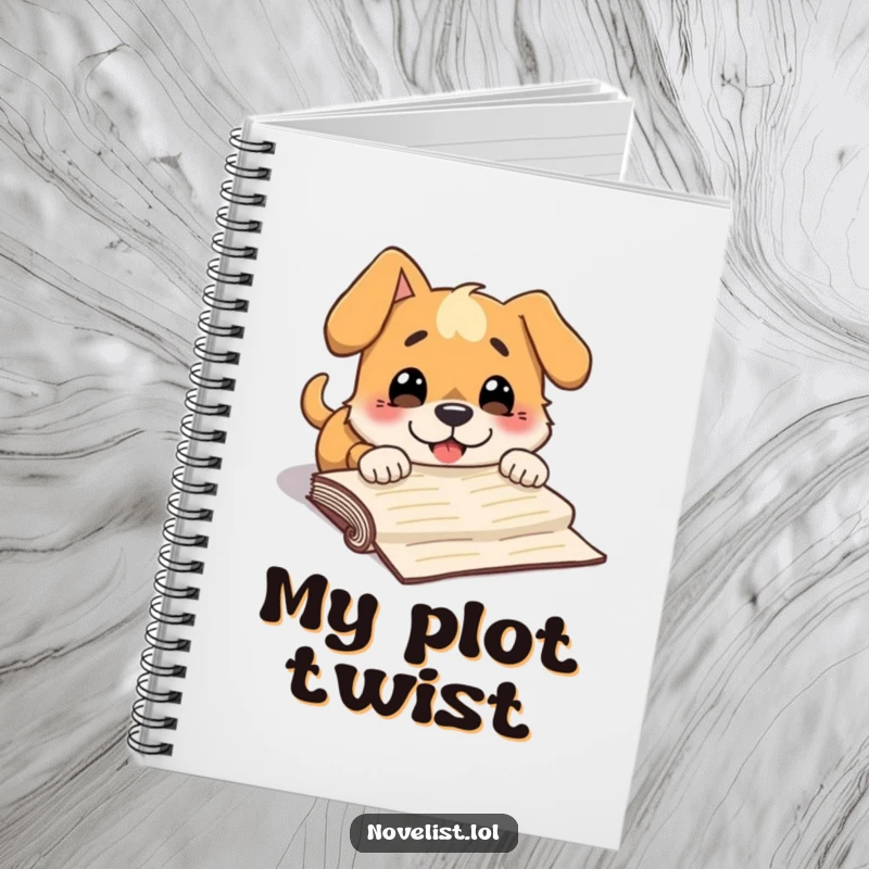 Funny notebook capturing a dog character comically tripping over a manuscript, inspiring humorous writing.