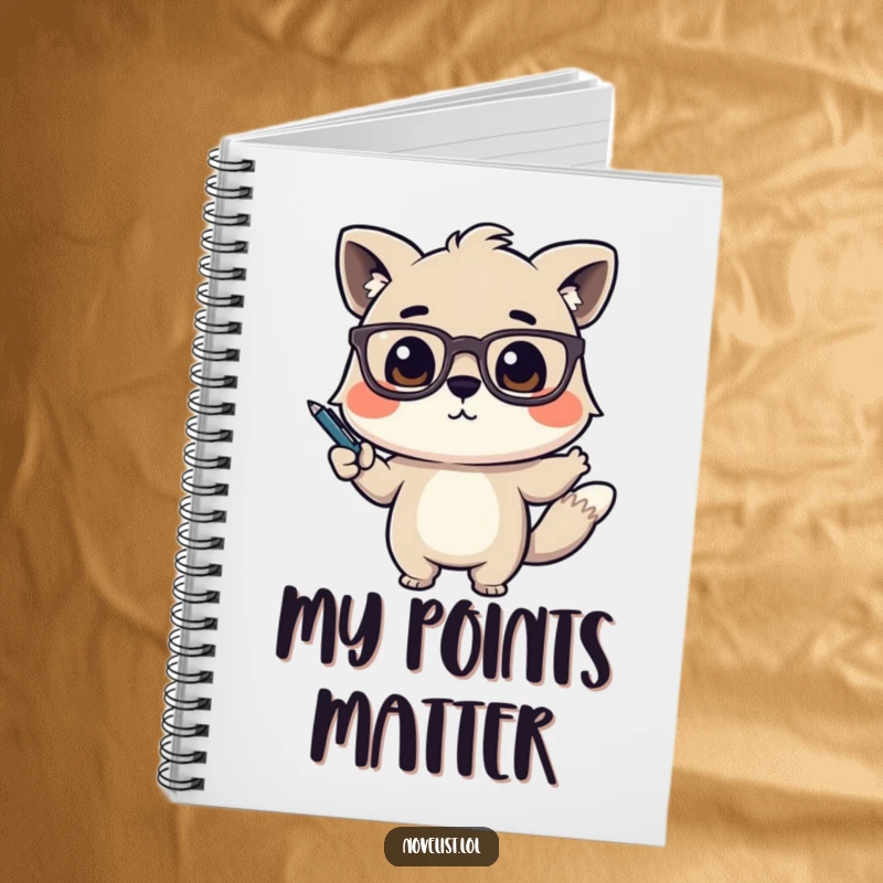 Funny Notebook cover with a cute animal character with glasses, dramatically gesturing with a pen, inspiring passionate writing.
