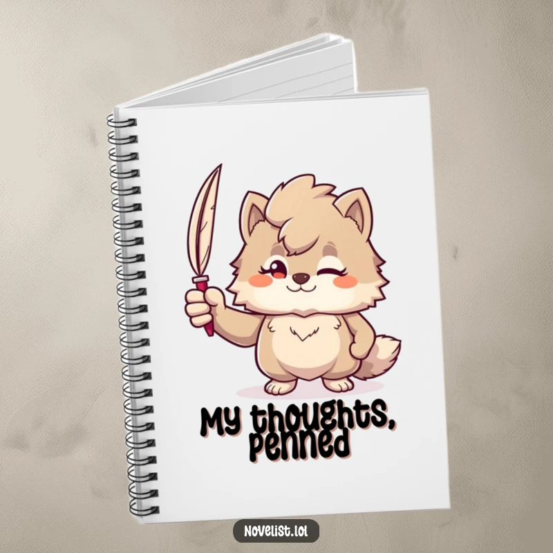 Funny notebook featuring a confident furry character holding a quill pen, ideal for jotting down stories and brilliant ideas.