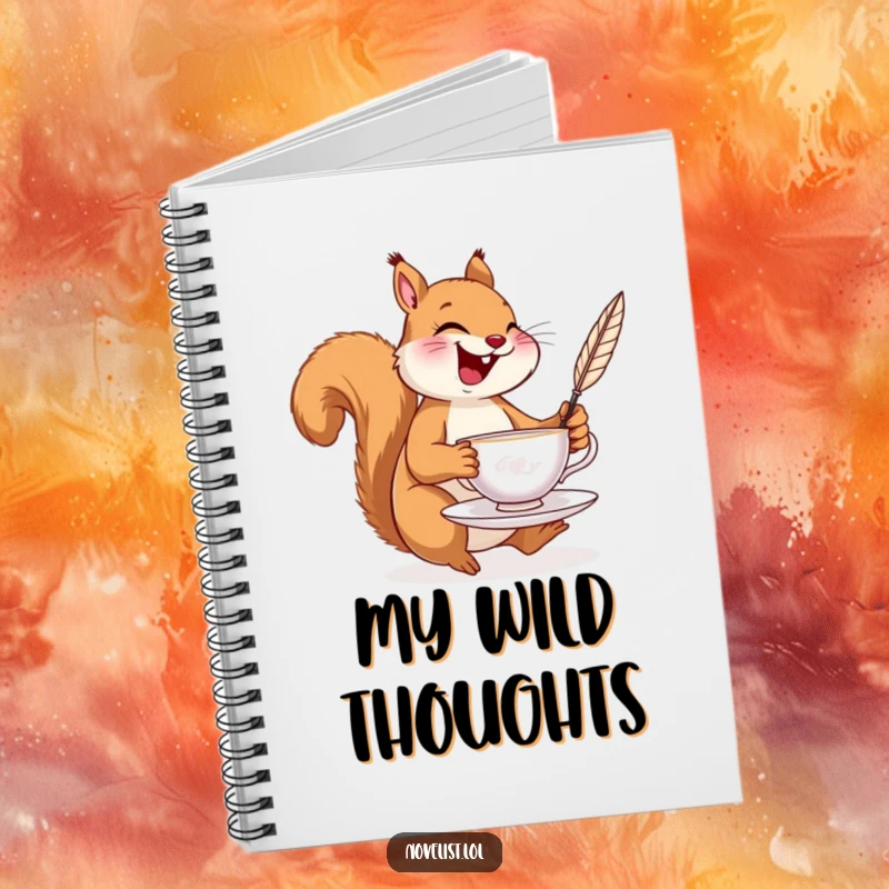 Funny notebook cover with a laughing squirrel balancing a teacup and a quill pen, ideal for note-taking and journaling.