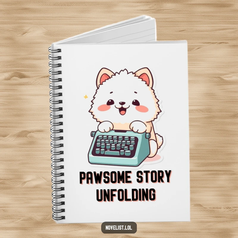 Funny Notebook cover with a fluffy animal character excitedly typing on a tiny typewriter with its paws, inspiring writing.