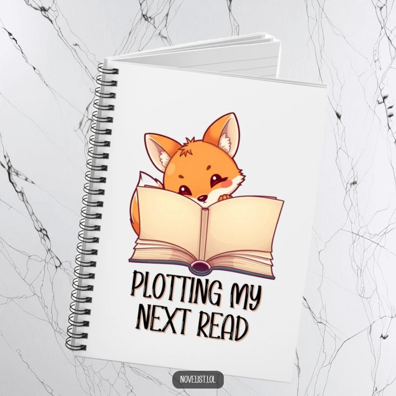 Funny notebook cover with a curious fox peeking from an open storybook, inspiring imaginative writing and creative ideas.