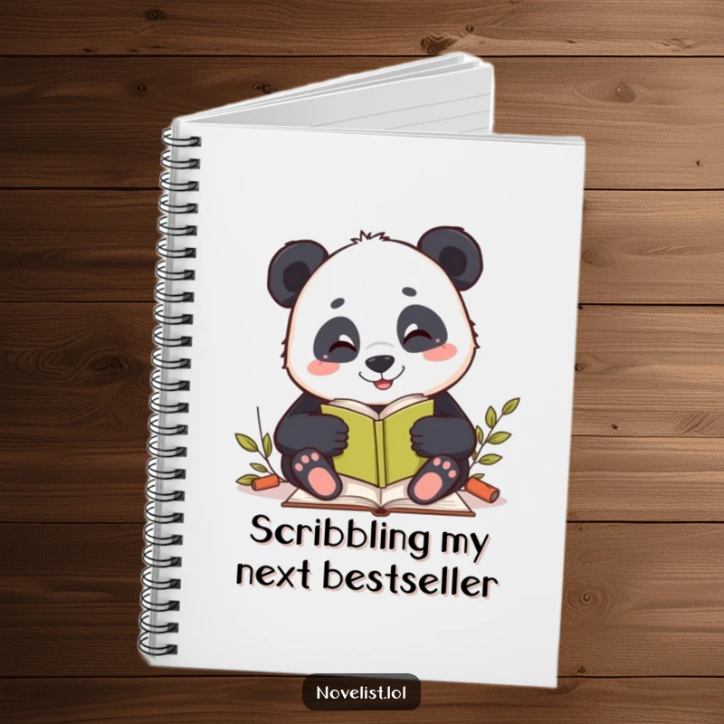 Funny notebook with a panda writing a story, serving as a delightful journal for capturing thoughts, ideas, and creative writing.