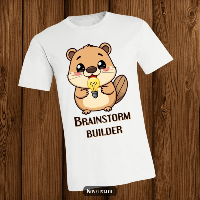 Funny t-shirt showing a delighted beaver with wide eyes, holding up a shining lightbulb symbolizing a brilliant new idea.