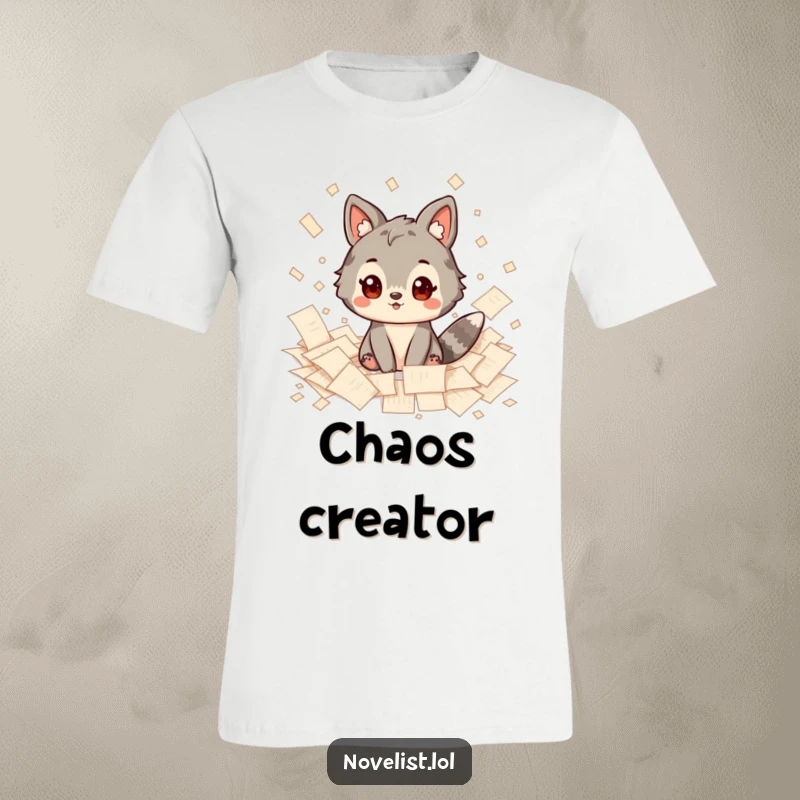 Funny T-Shirt: Whimsical animal character appears deeply inspired, surrounded by a delightful mess of scattered papers, signifying artistic endeavor.