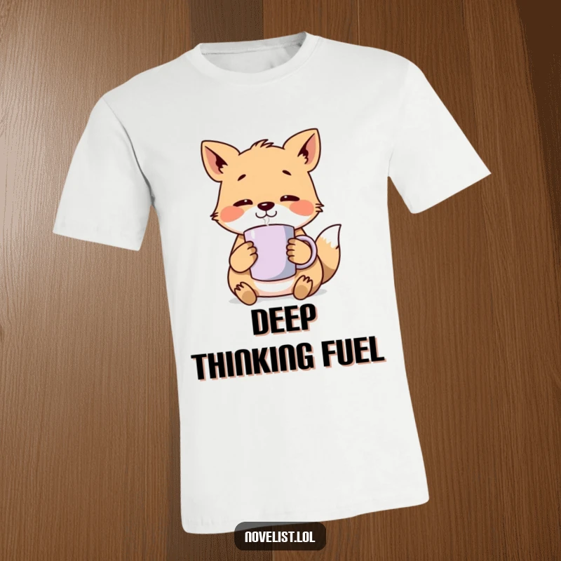 Funny T-Shirt: Amusing animal character appears lost in deep thought, gently holding a steaming mug, perfect for expressing a pensive mood.
