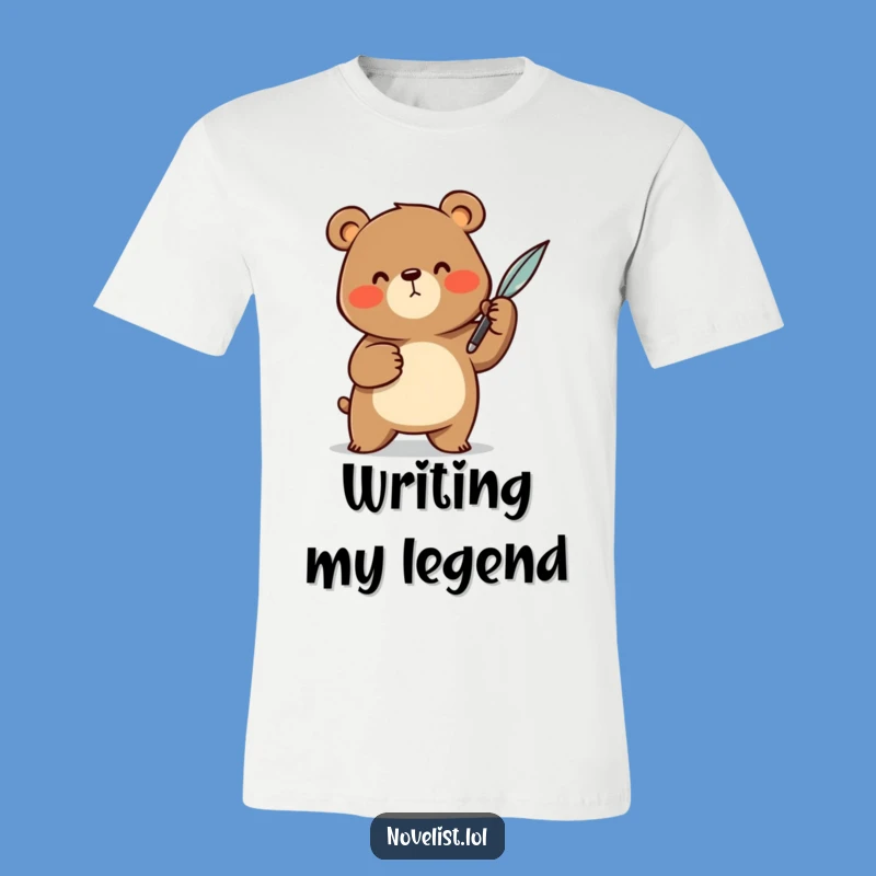 Funny Bear Author T-Shirt: Cheerful Character With Quill - Hilarious Storyteller Tee