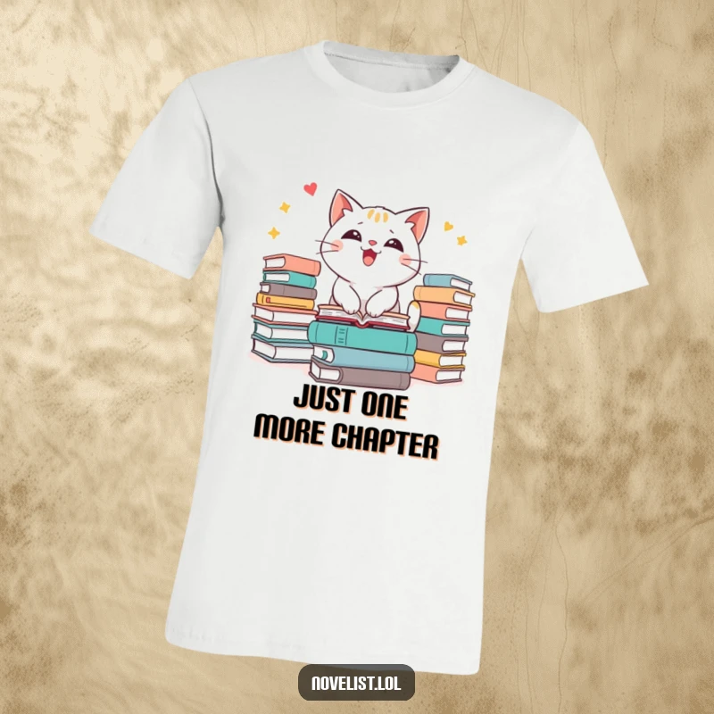 Funny cat t-shirt showcasing an excitable feline character surrounded by a massive pile of books, expressing pure reading bliss.